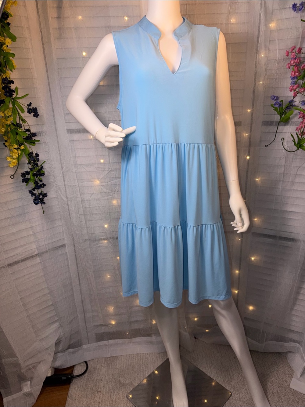 Dear Scarlett Sleeveless Light Blue Tiered V-Neck Dress w/pockets